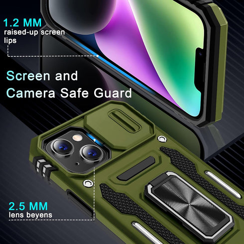 DEERLAMN for iPhone 13 Case, iPhone 14 Case with Slide Camera Cover + Screen Protector(2 Packs), Rotated Ring Kickstand Military Grade Shockproof ...