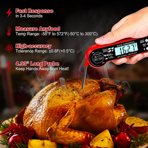 Instant Read Meat Thermometer with LCD Backlight, Waterproof Candy Thermometer and Food Thermometer for Cooking, Foldable Probe Meat Thermometer D...