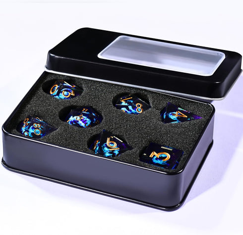 AUSTOR 7 Die DND Dice Set 7 Pieces Blue Flame Dragon Resin Dice Role Playing D and D Dice D20 D12 D10 D8 D6 D4 Sharp Edge Dungeons and Dragons Dic...