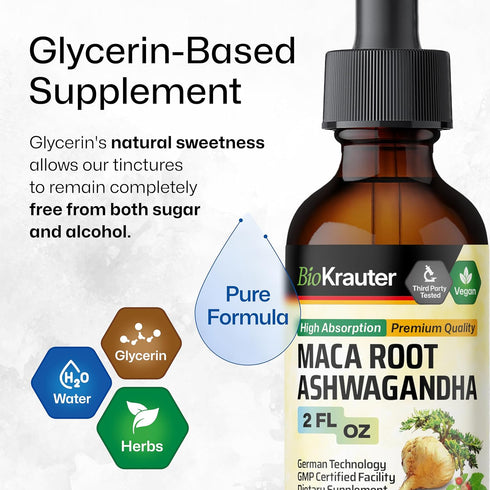 Maca Root and Ashwagandha Tincture - Organic Maca & Ashwagandha Supplements for Men & Women - Adaptogenic Liquid Supplement for Mood Support - Alc...
