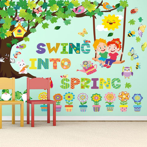 135 Pcs Spring Bulletin Board Decoration Tree Bulletin Board Decoration Bulletin Board Tree Cutout Bunny Butterfly Flower Decorations for Easter C...