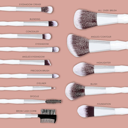 Nicole Miller New York 14pc Complete Makeup Brushes Collection with Zipper Bag, Snow Pearl White, Ideal Present or Any Occasions, Great for Beginn...