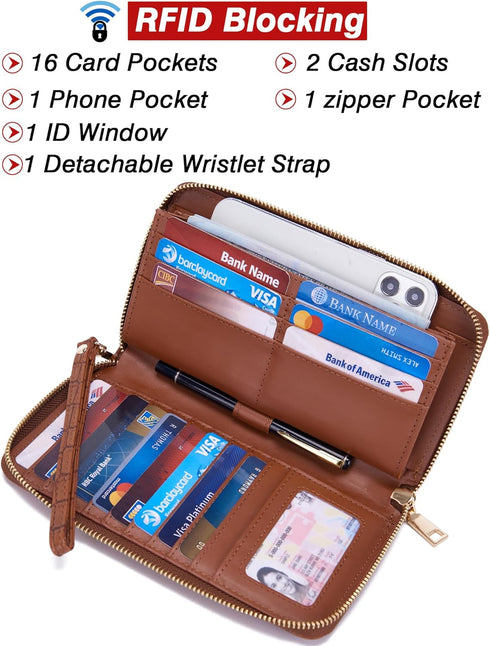 YZAOLL Women's Zip-Around Wristlet Wallet with RFID-Blocking Proteceion Large Capacity PU Leather Cards Holder with Checkbook Passport Slots,Brown...