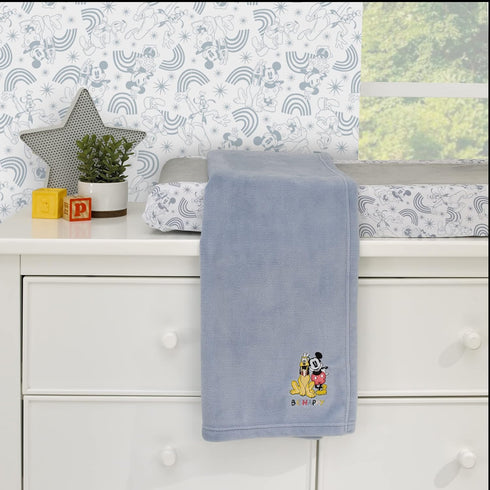 Disney Mickey and Friends Blue, Gold and Red Pluto and Mickey Mouse Be Happy Super Soft Appliqued Baby Blanket...