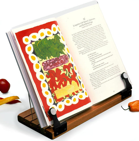 Deluxe Original Cookbook Holder - Acrylic Shield With Wooden Base and Black Hinges - Made in the USA...