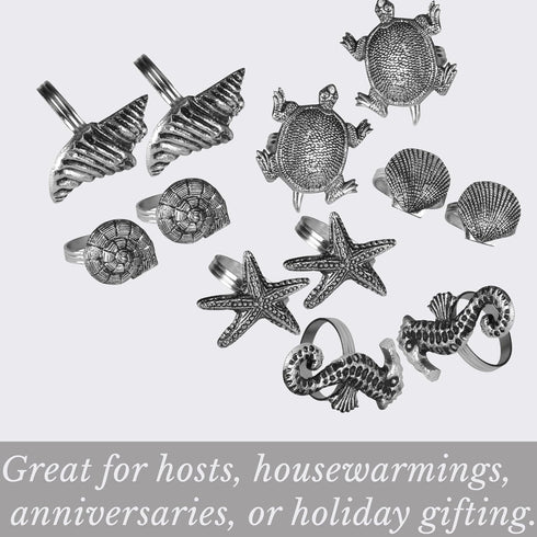 Silver Napkin Rings-12-Piece Set of Premium 100% Metal, Rust-Resistant Tabletop Décor - Antique Coastal Sea Shell Napkin Holdersfor Family Dinner,...