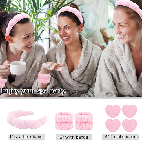 WHAVEL Spa Headband and Wristband Set, Skincare Headband Puffy Headbands Face Wash Makeup Wrist Bands for Washing Face, with 4PCS Facial Sponges S...