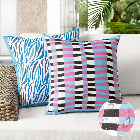 Ashler Boho Outdoor Pillows, Blue/Pink 18 x 18 Pillow Covers, Outdoor Pillows Waterproof Set of 2, Stripe Pillow Case for Patio, Couch, Water Resi...