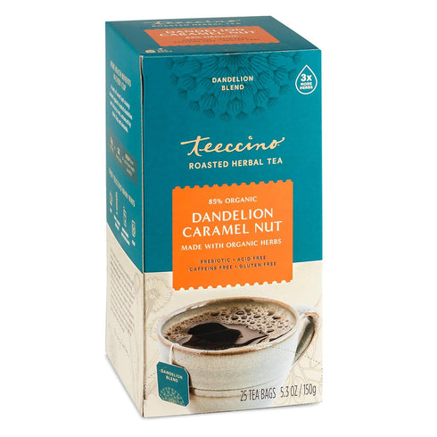 Teeccino Dandelion Caramel Nut Tea, 25 Tea Bags - Caffeine Free, Roasted Herbal Tea with Prebiotics, 3x More Herbs than Regular Tea Bags, Gluten F...