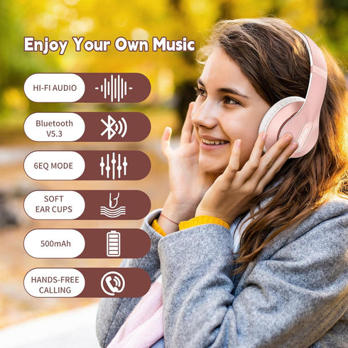 Wireless Bluetooth Headphones Over Ear 65H Playtime HiFi Stereo Headset with Microphone and 6EQ Modes Foldable Bluetooth V5.3 Headphones for Trave...