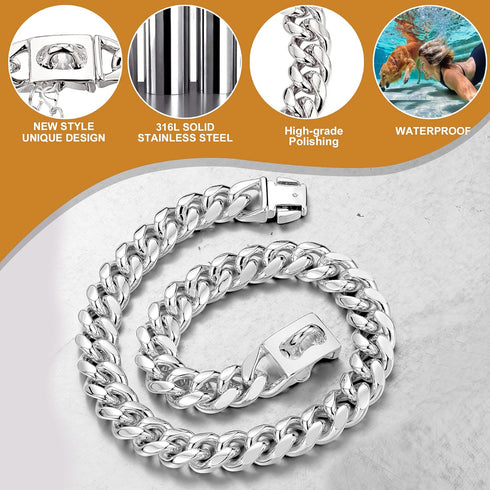 Dog Chain Collars Stainless Steel Dog Collar 10mm Cuban Link Dog Collar Metal Dog Chain with Snap Buckle Dog tag for Puppy Small Medium Large Dogs...