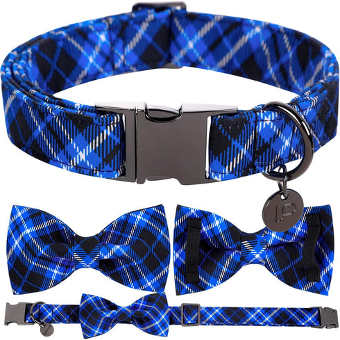 Dog Collar with Bow Tie, Cotton Dog Bowtie Collar for Medium Girl Boy Dog, Holiday Blue Dog Collar with Durable Metal Buckle, Cute Plaid Pet Colla...