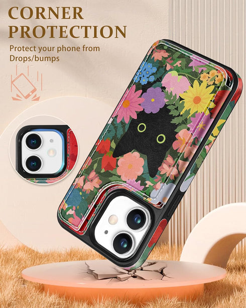 Shorogyt for iPhone 11 Wallet Case with Card Holder, Designer Floral Cat Pattern Kickstand Magnetic Clasp Back Flip Folio Leather Phone Cases for ...