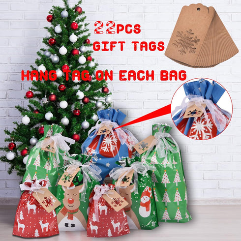 Christmas Gift Bags Assorted Sizes, 22pcs Drawstrings Christmas Bags For Gifts, Presents Wrapping Bags Favor Goody Bags Reusable Plastic Xmas Holi...