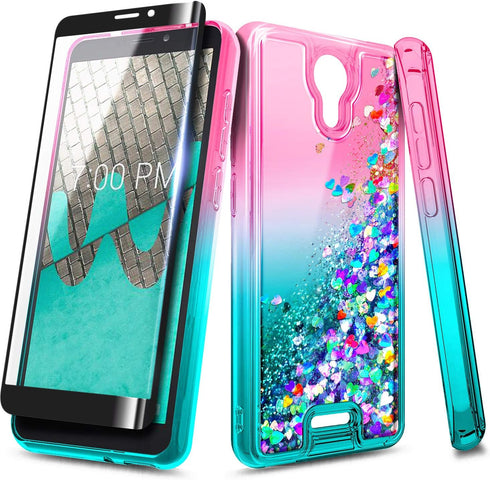 NZND Case for Cricket Icon 2 (2020) U325AC with Tempered Glass Screen Protector (Full Coverage), Glitter Liquid Floating Waterfall Girls Cute Phon...