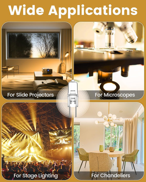150W Halogen Light Bulbs DC 24V 2-Pin Dimmable Warm White 3000K, Halogen Capsule Bulbs with Clear Glass Lens for Chandeliers, Cabinet Lights, Proj...