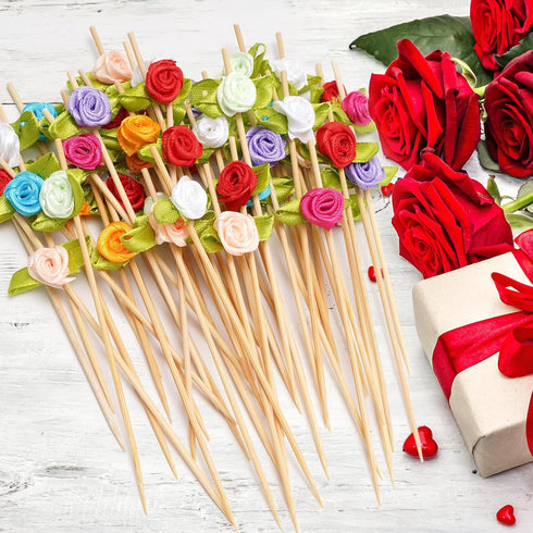 Minisland Multicolor Rose Flower Cocktail Picks, 4.7 Inch Long Bamboo Fancy Toothpicks for Appetizers, Bridal Shower Wedding Valentines Party Food...