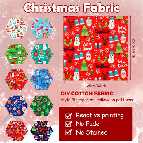 20 Pieces Christmas Fabric Fat Quarters Christmas Fabric Bundles Precut Fabric Squares Christmas Tree Snowflake Printed Fabric Scraps for Dress Ap...
