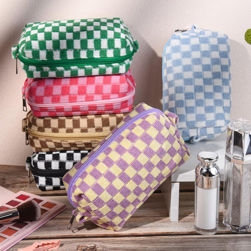 6 Pcs Checkered Makeup Bag Preppy Cosmetic Bag Bulk Pink Black Makeup Pouch Personalize Travel Toiletry Bag Organizer Cute DIY Makeup Brushes Stor...