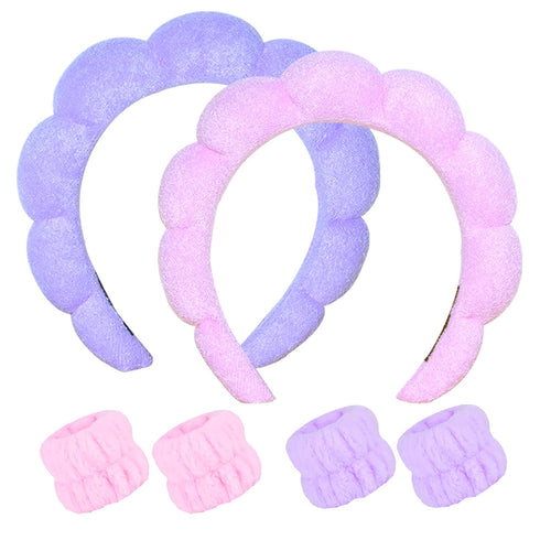 Spa Headbands and Wristband Set for Women Washing Face or Skincare,Puffy Make Up Headbands Combo,Cute Bubble Headband, Terry Cloth Bubble Soft Hea...