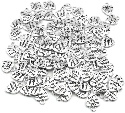 heyous 100pcs Heart Shape Charms Handmade Metal Labels Printed Made With Love Tag Labels Carving DIY Craft Necklace Bracelets Keychain Jewelry Mak...