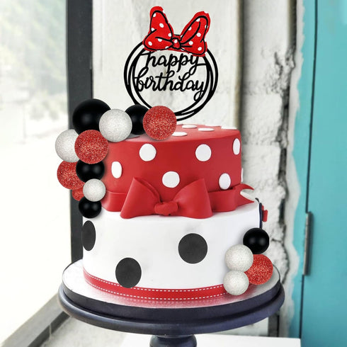 Black Red White Ball Cake Toppers Boho Cake Decorations Polka Dot Bow Cake Topper for Baby Shower Girl Happy Birthday Party Mouse Cake Decoration ...