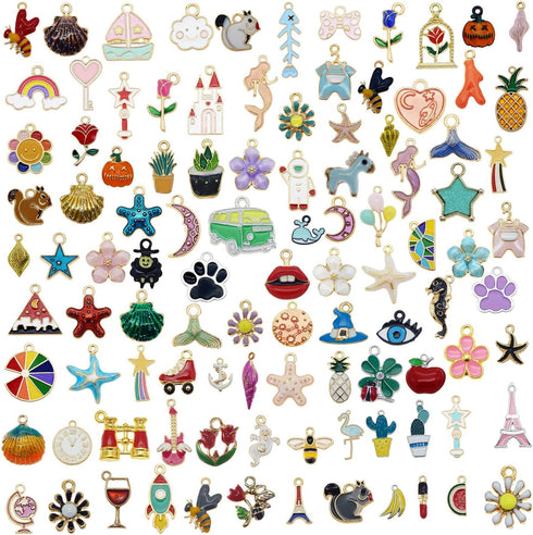 JJG 100Pcs(50PAIRS) Assorted Fruits Mermaid Animals Gold Plated Enamel Pendants Necklace Bracelet Charms for Earrings Jewelry Making...