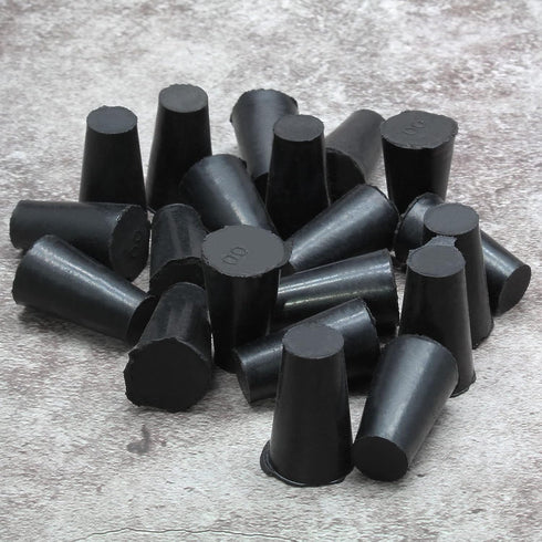 20 Pack Solid Rubber Stoppers Size #00-15mm x 10mm - 25mm Long - Tapered Laboratory Test Tube Stopper Plug - Black...