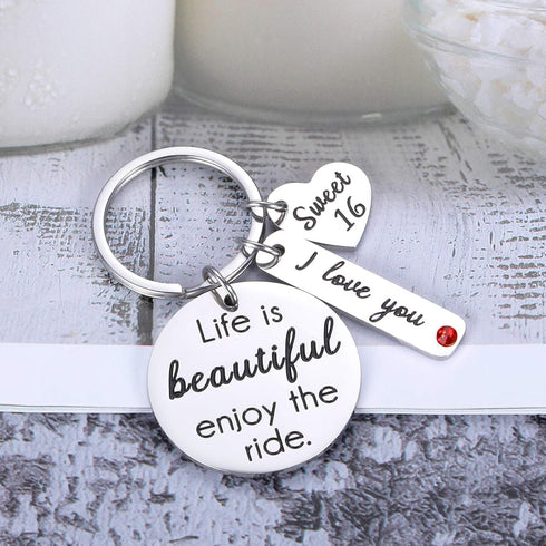 Sweet 16 keychain Gifts for Girls Daughter Son from Dad Mum Life is Beautiful Enjoy the Ride 16th Birthday Gift for Teens Boys Jesus Baptism Keyri...