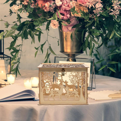 Amosfun Wooden Vinatge Wedding Card Box DIY Rustic Hollow Wedding Box with Lock Key and Rubber Rings for Bridal Shower Party Decorations (1 Key 12...