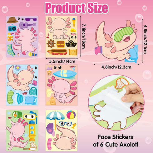 Axolotl Make a Face Sticker - 36Pcs Make Your Own Cute Axolotl Stickers Games, Pink Animal Mix and Match Art Craft Party Favor for Girls Boys Kids...