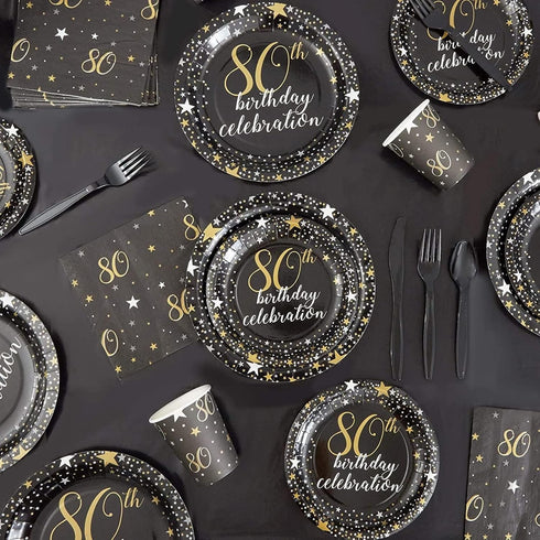 Sparkle and Bash Bulk Happy 80th Birthday Napkins for Party Decorations, 2-Ply, Black and Gold (6.5 x 6.5 In), Pack of 100-80th Birthday Decoratio...