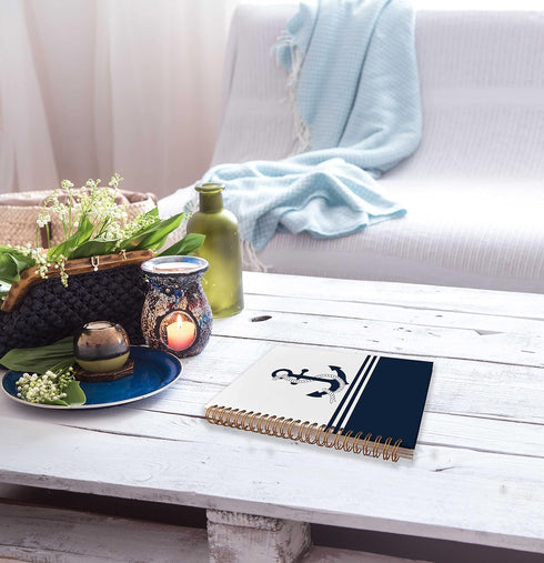 Navy Nautical Anchor Rope Ship Steering Wheel Lined Spiral Journal Notebook 8.3×5.5 Inches Hardcover College Ruled Notebook for Work Note Taking J...