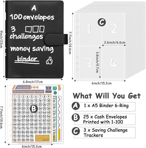 100 Envelopes Money Saving Challenge Binder, A5 Budget Planner Savings Challenge Books with Cash Envelopes, Easy and Fun Way to Save $5,050, 500, ...