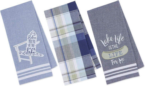 2 Embroidered Lake Kitchen Towels with 1 Plaid Towel | Relax You're at The Lake, Plaid Print, Lake Life Decor Theme Towel Set...
