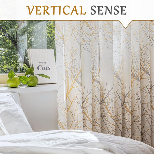 FMFUNCTEX Linen Semi Sheer Curtains for Bedroom, Yellow White Curtains 84 Inches Long for Living Room, Grey Tree Branch Print Curtain Light Filter...