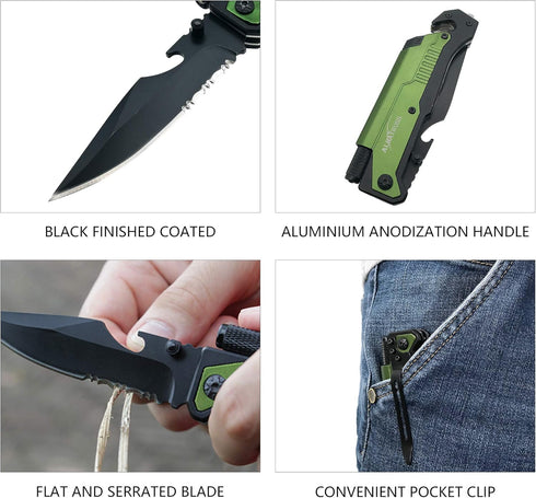ALBATROSS 6 in 1 Survival Camping Tactical Folding Pocket Knife with Flashlight,Bottle Opener,Rope Cutter,Fire Starter,Glass Breaker,Multi-Functio...