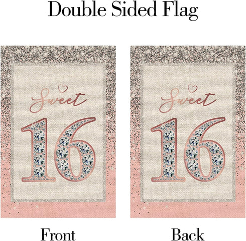 Sweet 16 Garden Flag / 16th Birthday Yard House Lawn Sign / 16th Wedding Anniversary Door Yard Lawn Sign Decor/Sweet Sixteen Party Indoor Outdoor ...