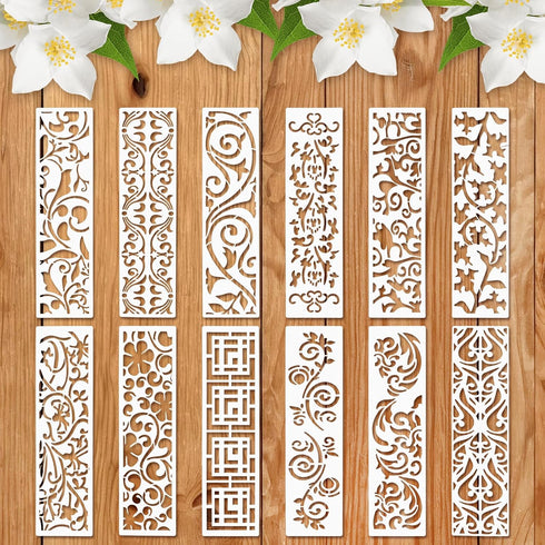 12 Pieces Stencils for Painting, Reusable Border Leaf Stencil, Furniture Cake Decorative Stencils for Wood Wall DIY Art Craft Canvas Fabric Home D...