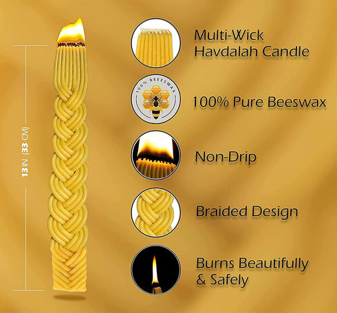 Ner Mitzvah Braided Beeswax Havdalah Candle - Wide Rounded Chevron Braid - 12" Hand Dipped Bees Wax Braided Candle - Shabbat Judaica Gift...