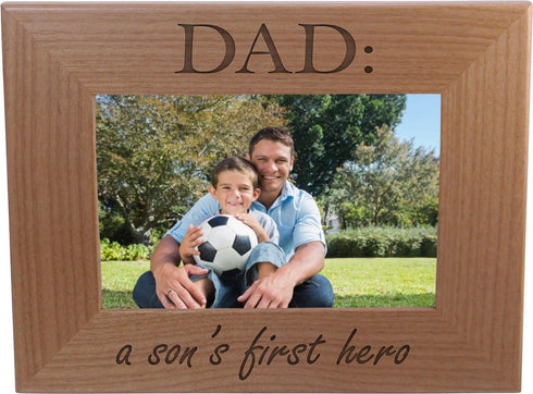 CustomGiftsNow Dad: A Son's First Hero - Natural Alder Wood Engraved Tabletop/Hanging Photo Picture Frame (4x6-inch Horizontal)...