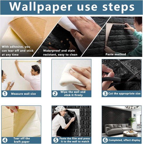 10 PCS Black 3D Wall Panels, 14.5 sq.feet Coverage, Printable Wallpaper Sticker with Self-Adhesive Waterproof Brick PE Foam Wall Panels Peel and S...