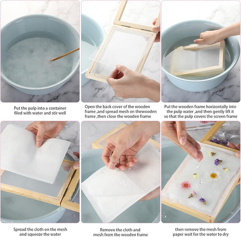 12 Pieces Paper Making Kit, 2 Size Wooden Paper Making Mould Frame Paper Making Screen Paper Making Mould Dried Flowers, Sponge with Replace Mesh ...