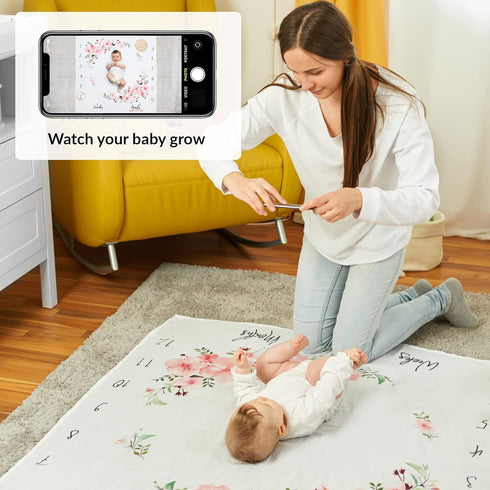 Baby Milestone Blanket | Cotton Muslin Swaddle Blanket | Monthly Photo Mat for Newborn Girl | Cherry Blossom Flowers| Personalised Baby Shower Pre...