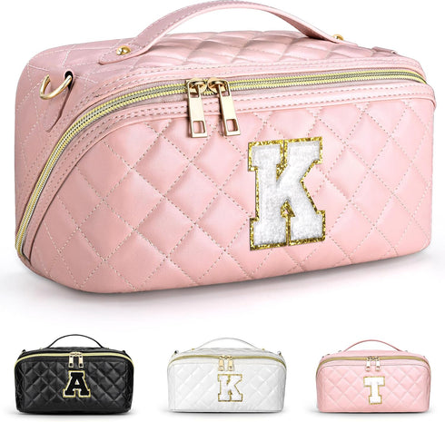Initial Makeup Bag, Quilted Letter Cosmetic Bag Cute Make Up Bag with Handle Portable Travel Toiletries Bag Pink, Personalized Birthday Gift for W...
