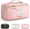 Initial Makeup Bag, Quilted Letter Cosmetic Bag Cute Make Up Bag with Handle Portable Travel Toiletries Bag Pink, Personalized Birthday Gift for W...
