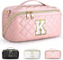 Initial Makeup Bag, Quilted Letter Cosmetic Bag Cute Make Up Bag with Handle Portable Travel Toiletries Bag Pink, Personalized Birthday Gift for W...