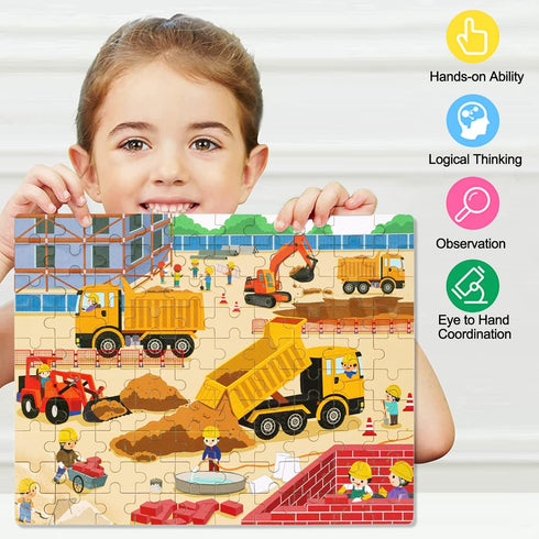 LELEMON 100 Pieces Jigsaw Puzzles in a Metal Box for Kids Age for 4-8 Boys Girls Toy Puzzles Construction Site Vehicles Children Learning Educatio...