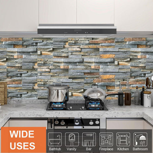 3-Pieces Peel and Stick Backsplash Tiles for Kitchen 4"x 12" PVC Self-Adhesive Subway Matte Faux Stone Wall Panel Brick Stick on Backspalsh for Ba...
