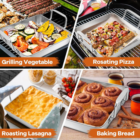 Roasting Pan with Beer Can Chicken Holder, Joyfair 9-inch Stainless Steel Square Baking Pans & Roaster Grill Racks, Great for Baking Oven BBQ Gril...